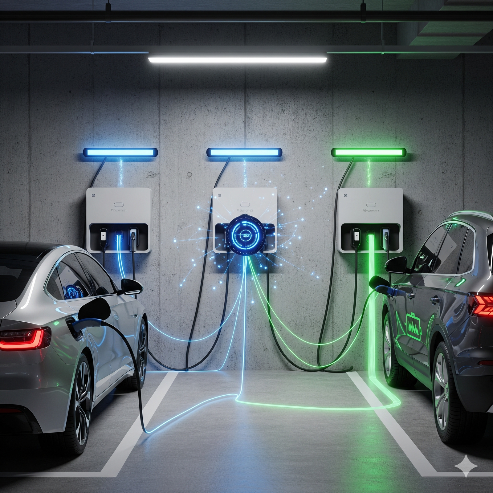 Diagrama técnico de distribución de carga eléctrica entre múltiples vehículos eléctricos en edificio