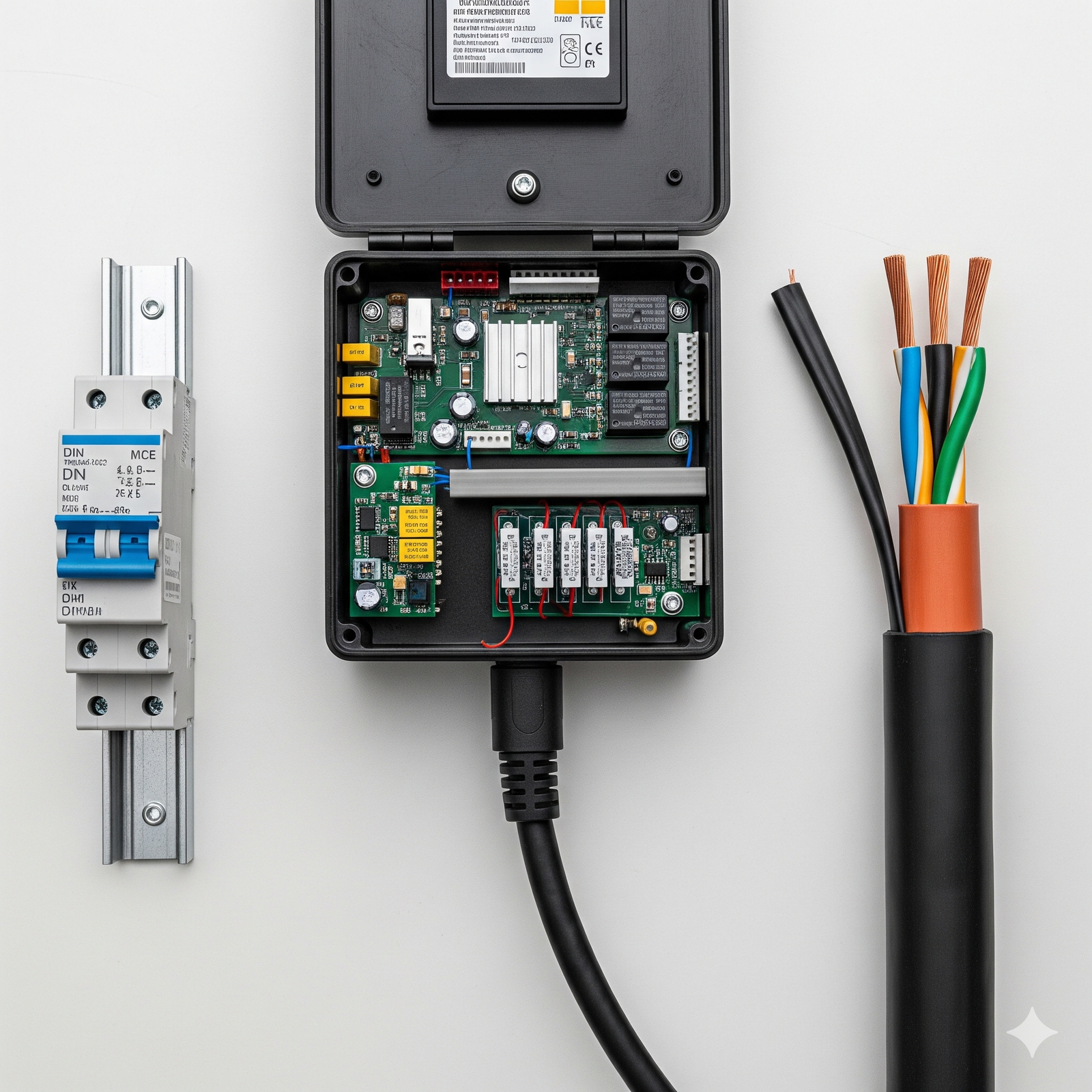Cable eléctrico de 2.5 y 6mm² junto a disyuntor termomagnético para instalación de carga de auto eléctrico