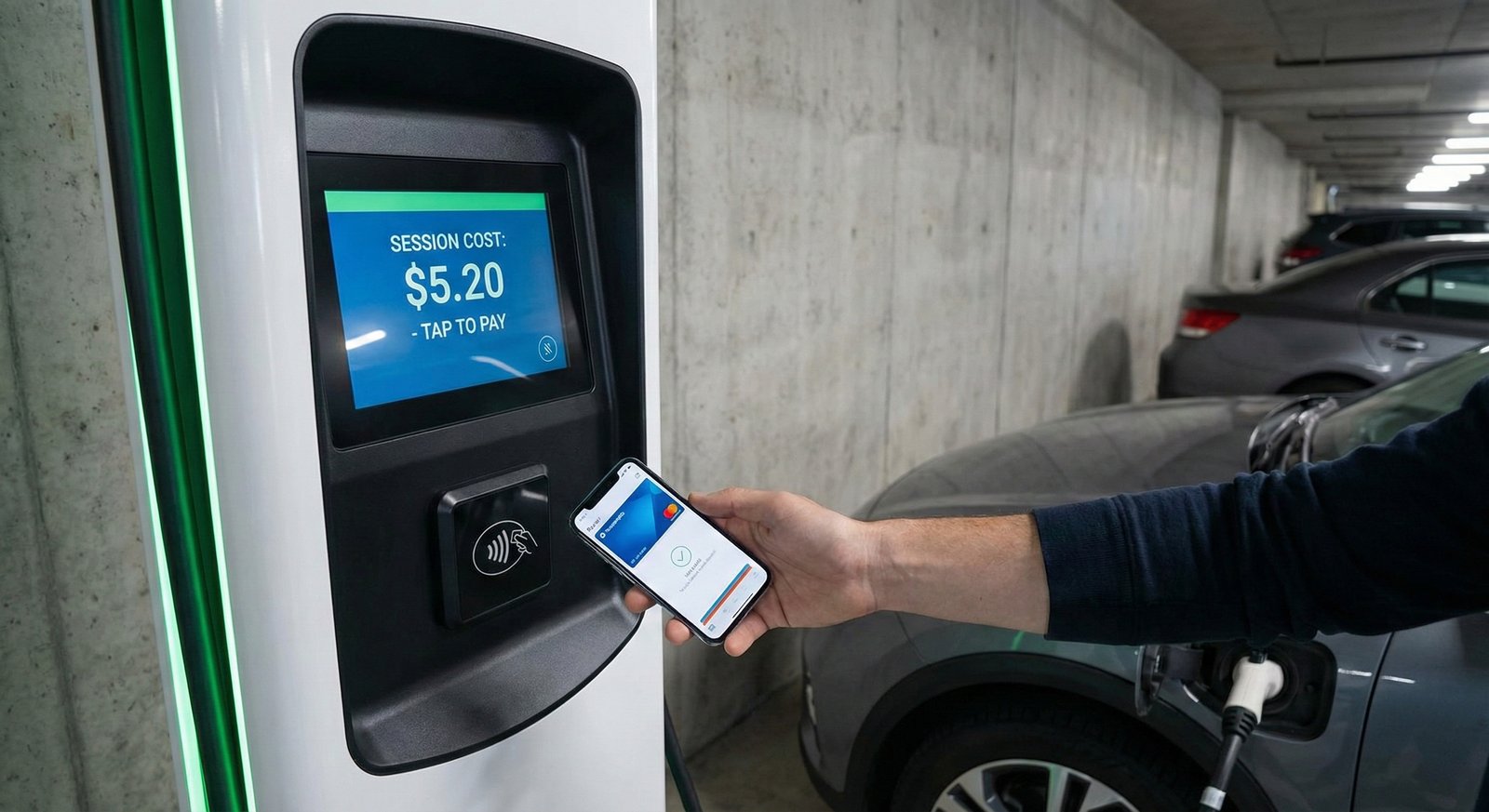 Administrador de edificio revisando plataforma digital de consumo eléctrico por cochera con autos eléctricos