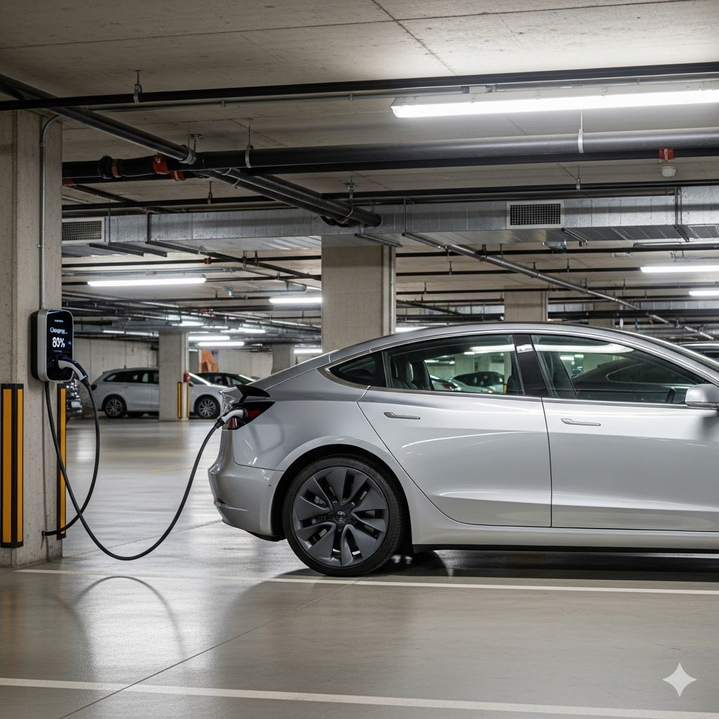 Auto eléctrico conectado a un cargador portátil en cochera subterránea de edificio residencial