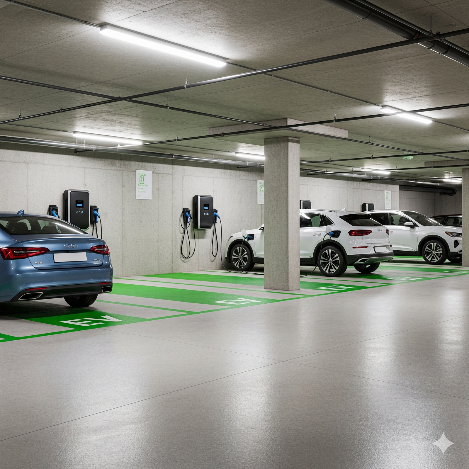 Vista aérea de cochera parking con múltiples autos eléctricos conectados a puntos de carga individuales