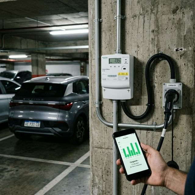 Medidor inteligente en pared de cochera enviando datos a un software de administración en un celular.