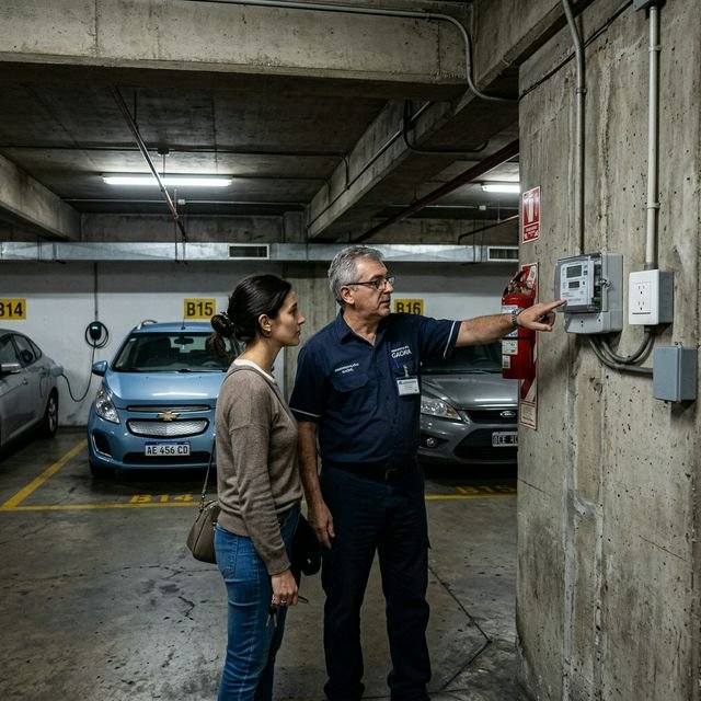 Administrador de consorcio mostrando un medidor inteligente de energía para un vehículo BYD estacionado en cochera con patente argentina.