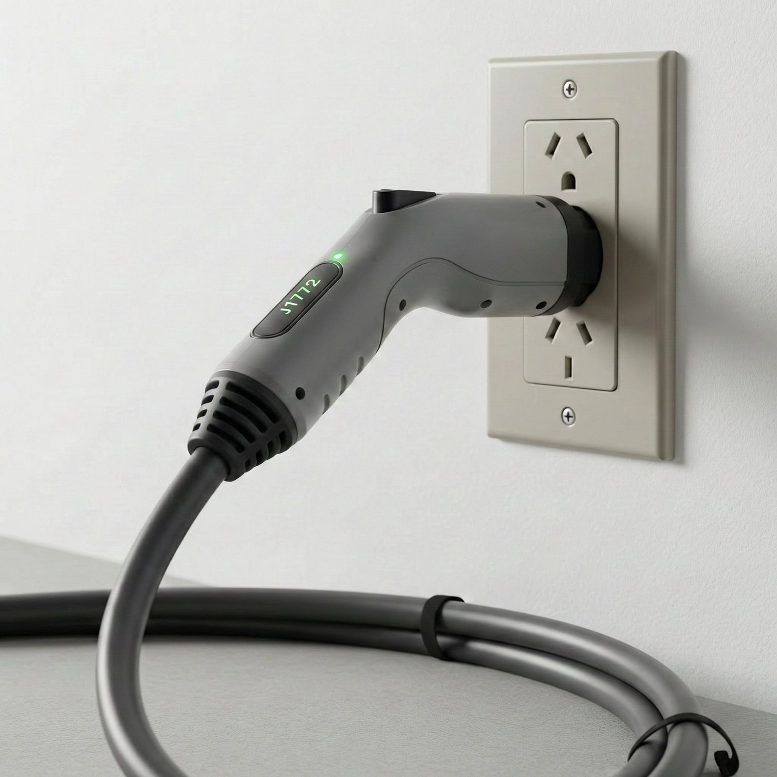 Detalle de cargador portátil de auto eléctrico conectado a tomacorriente doméstico 220V