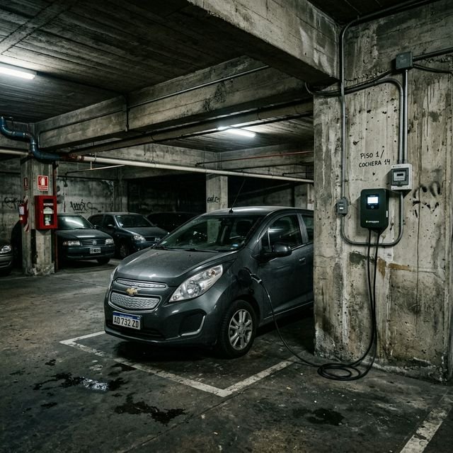 Auto eléctrico BYD estacionado en un garaje subterráneo de un edificio típico de Buenos Aires, conectado a un punto de carga inteligente.