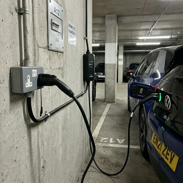 Cargador portátil de auto eléctrico conectado a un enchufe en una cochera de edificio (Imagen generada con IA).