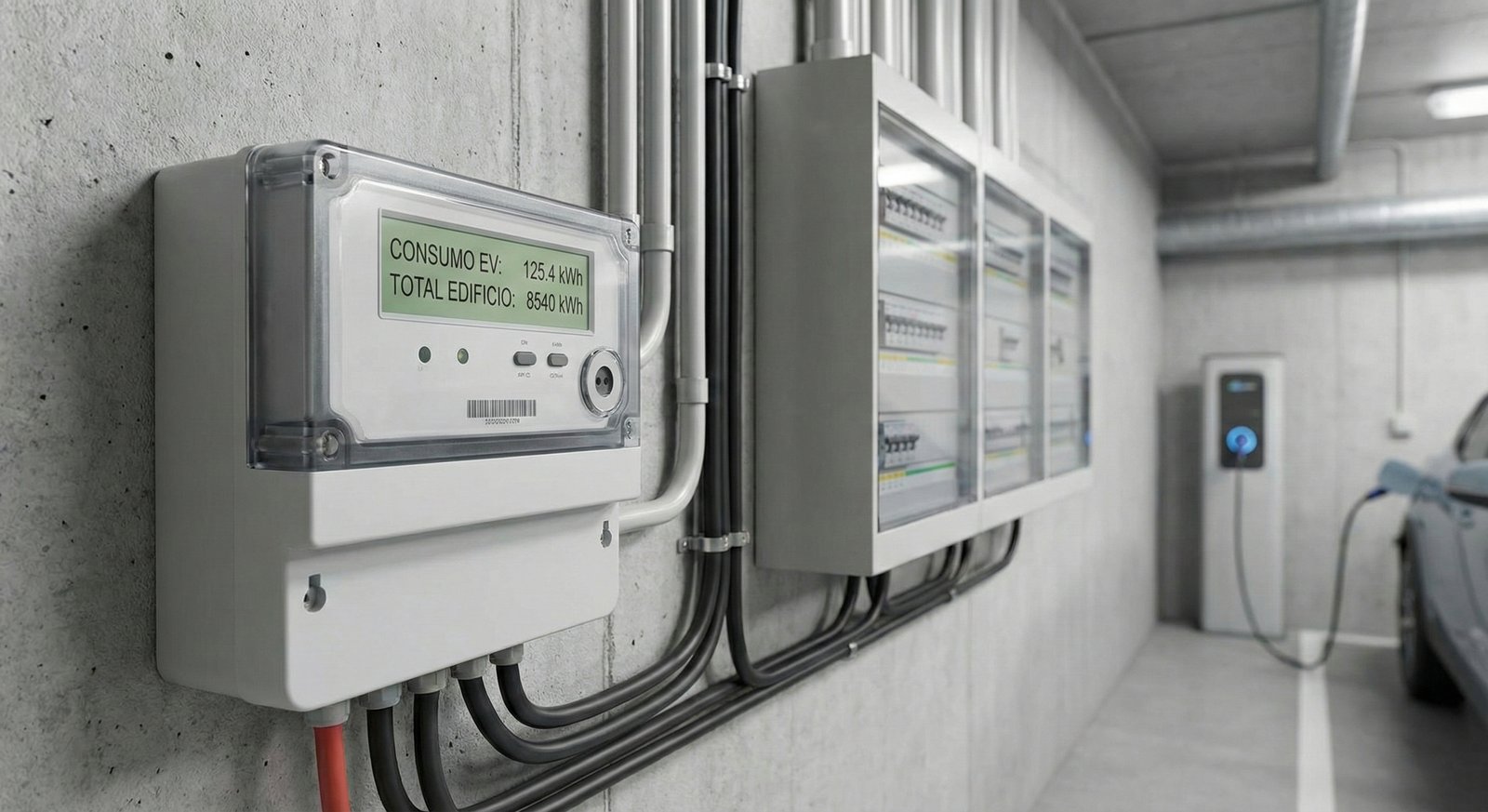 Tablero eléctrico de edificio con medidores inteligentes para control de consumo de autos eléctricos