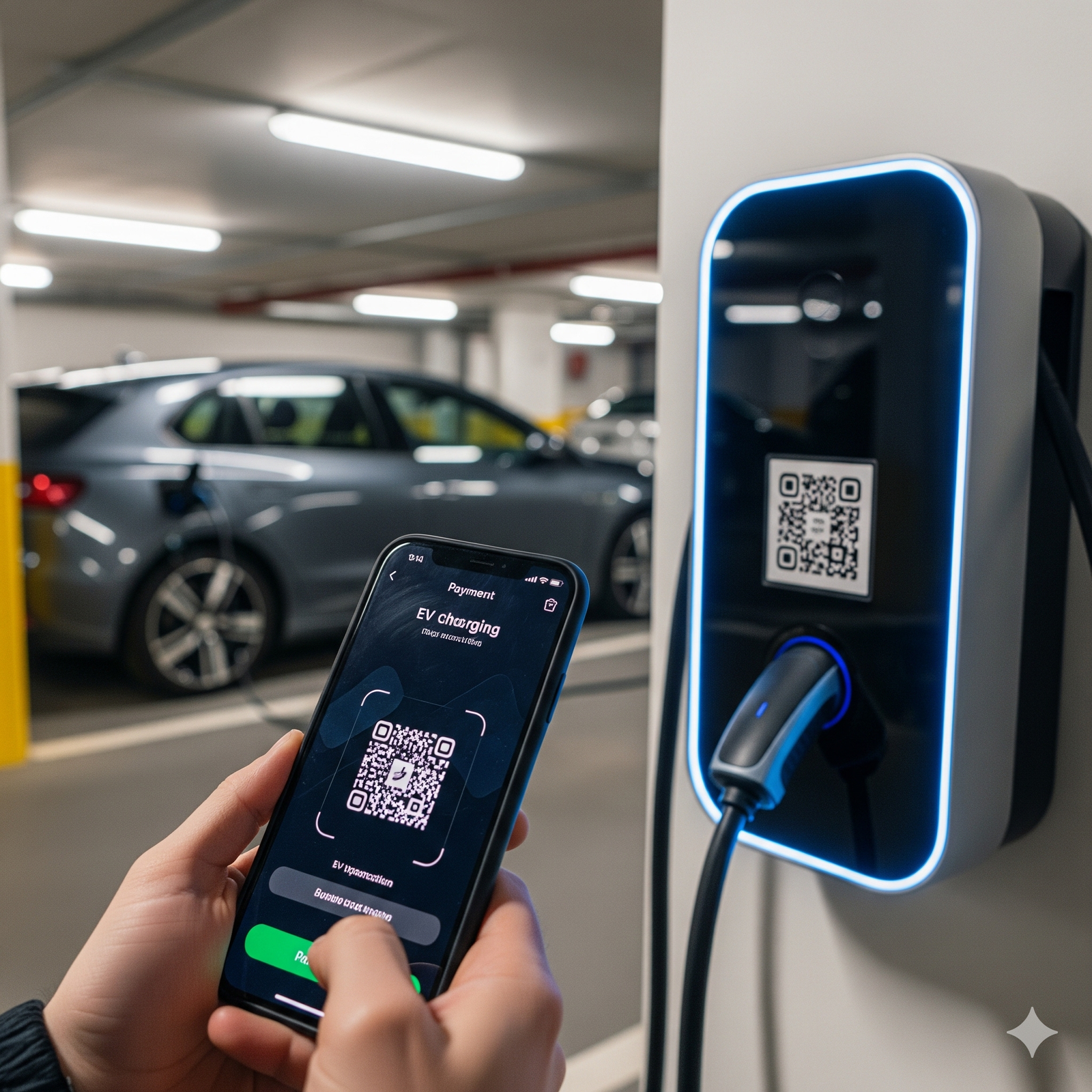 Cochera privada comercial con señalética y puntos de carga para autos eléctricos, en Argentina