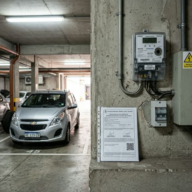 Manual de normativas eléctricas AEA sobre un pilar en una cochera, con un auto eléctrico de fondo en Buenos Aires.