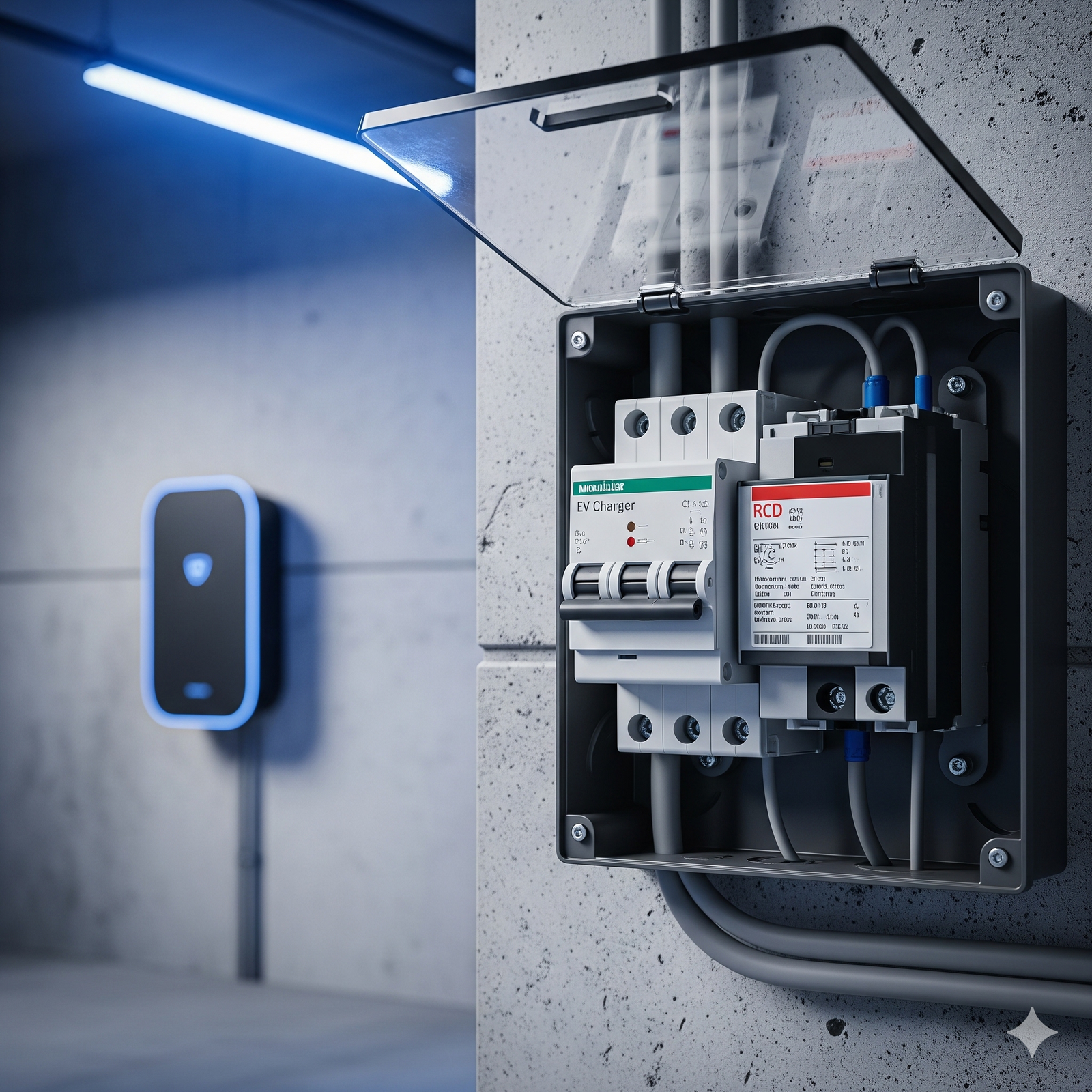 Tablero eléctrico con disyuntor termomagnético y diferencial para circuito de carga de auto eléctrico