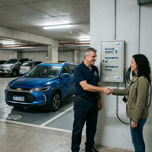 Administrador y vecino acordando junto a un tablero eléctrico limpio, con un Chevrolet Spark EUV celeste estacionado de fondo en Argentina.