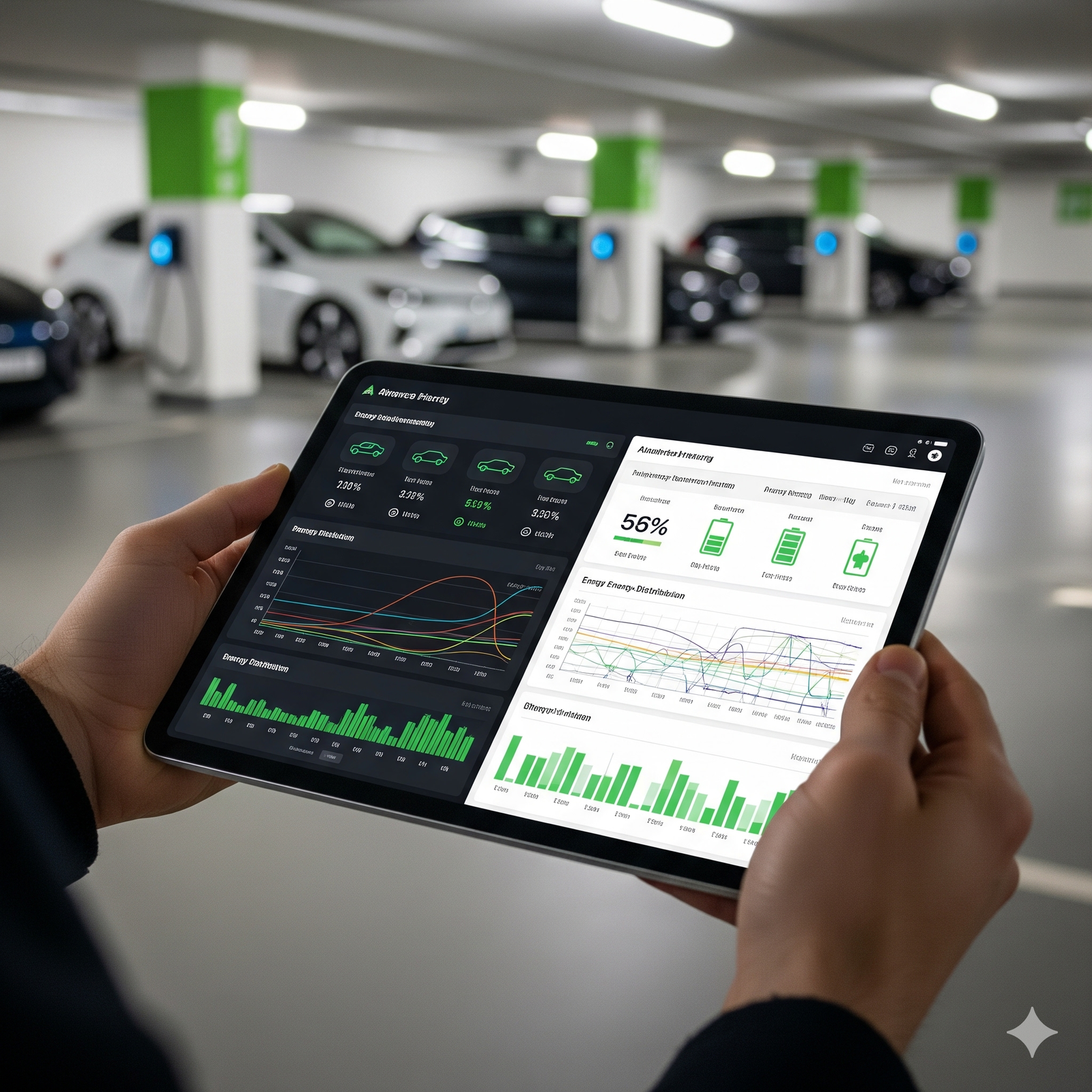 Pantalla de plataforma digital de gestión de carga de autos eléctricos mostrando consumo por cochera