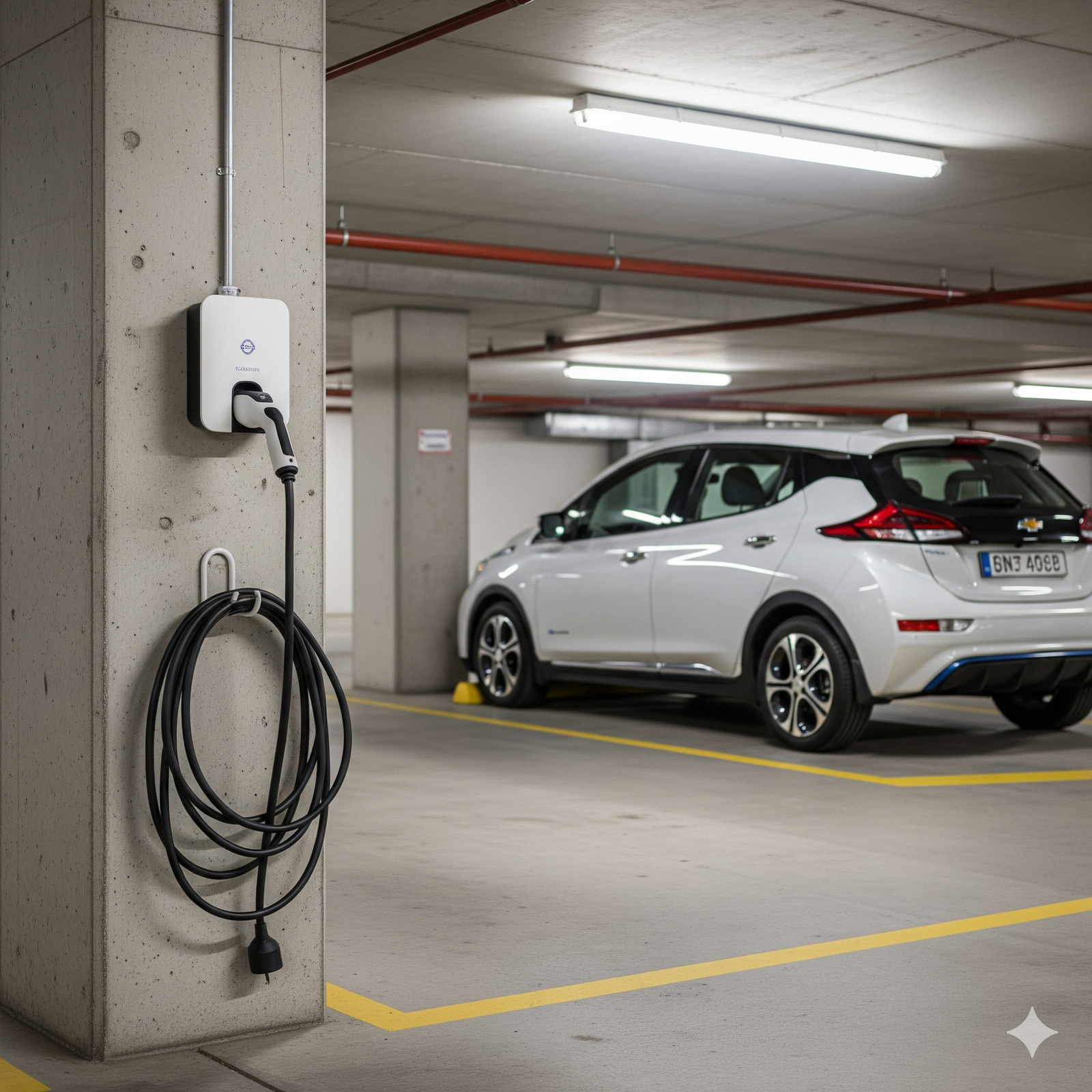 Instalación eléctrica económica con circuito dedicado e interruptor inteligente en cochera de edificio