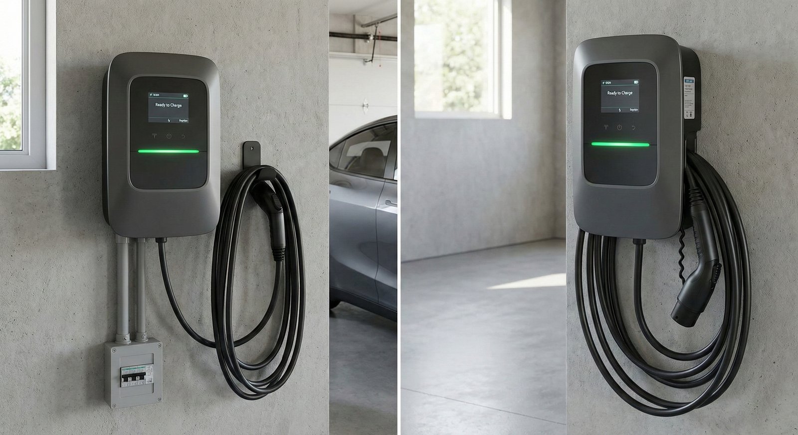 Comparación entre wallbox instalado en pared de cochera y cargador portátil conectado a enchufe