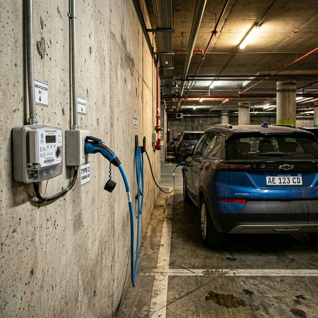 Un medidor inteligente simple y estético al lado de un Chevrolet Spark EUV cargando en un estacionamiento subterráneo de Buenos Aires.