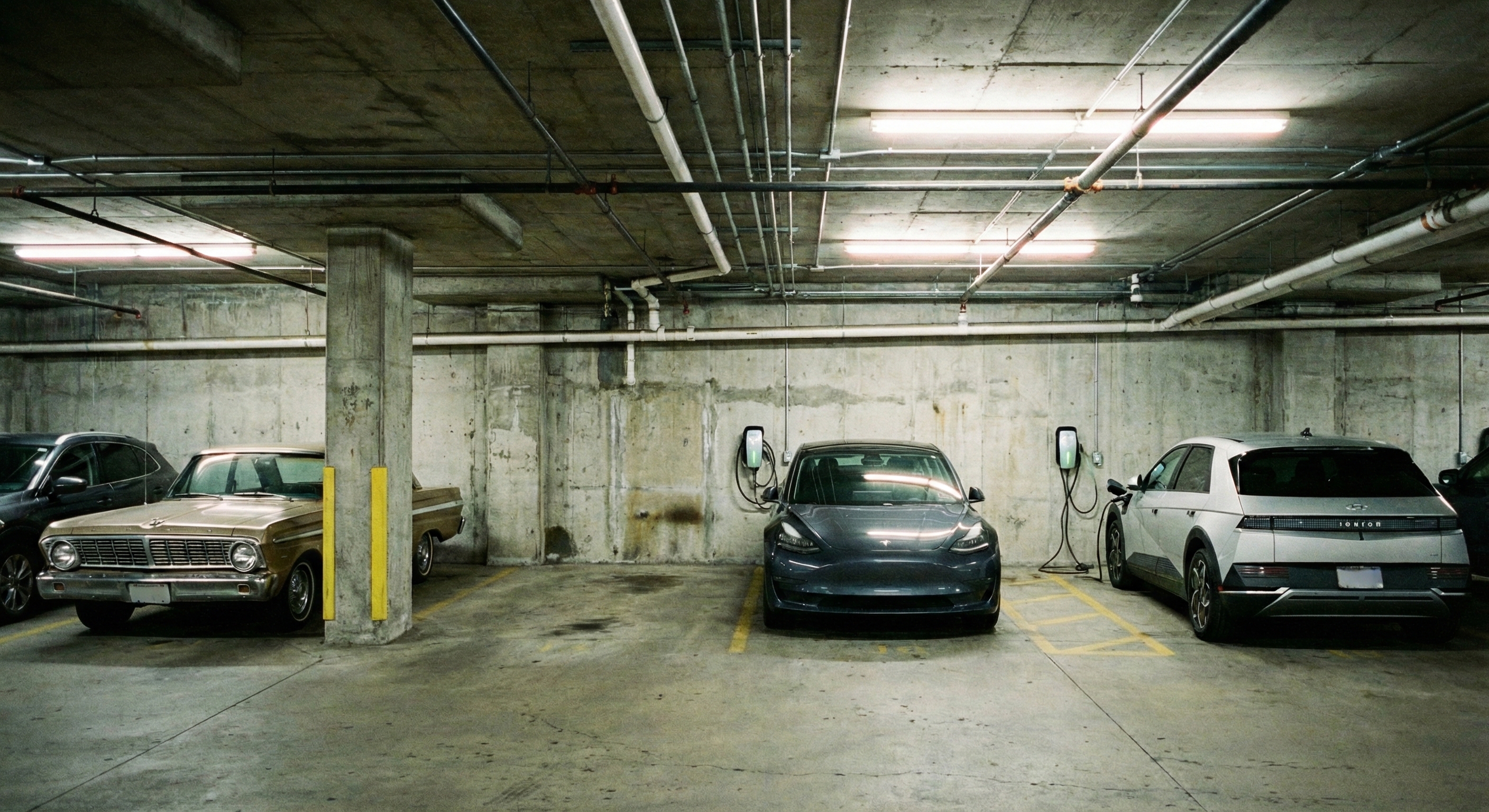 Estacionamiento de edificio con vehículos eléctricos cargando